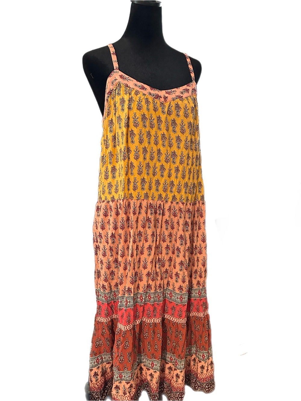 Knox Rose Spaghetti-Strap Tiered Maxi Dress in Yellow & Peach